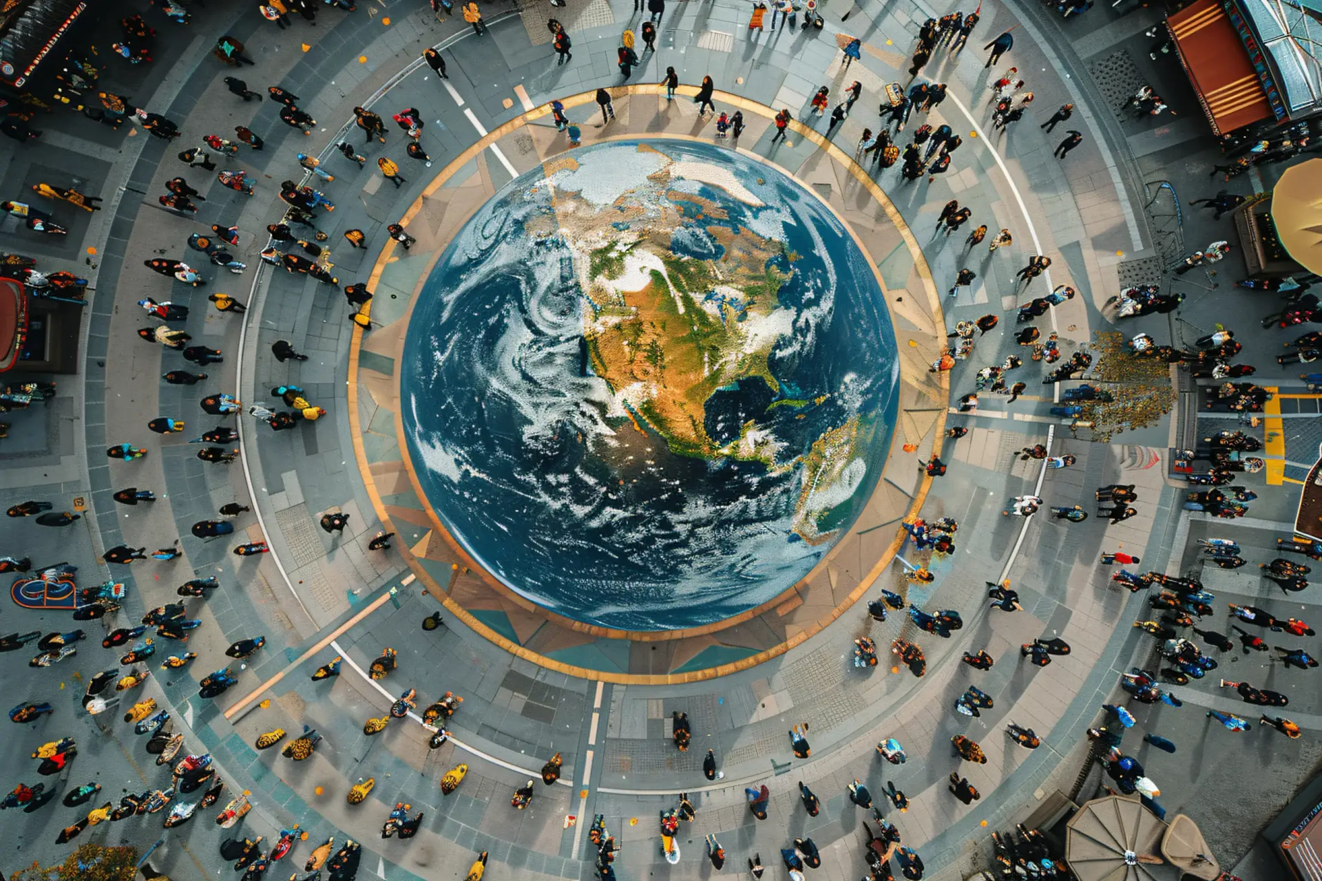 An aerial view of a city plaza with a globe at its centre