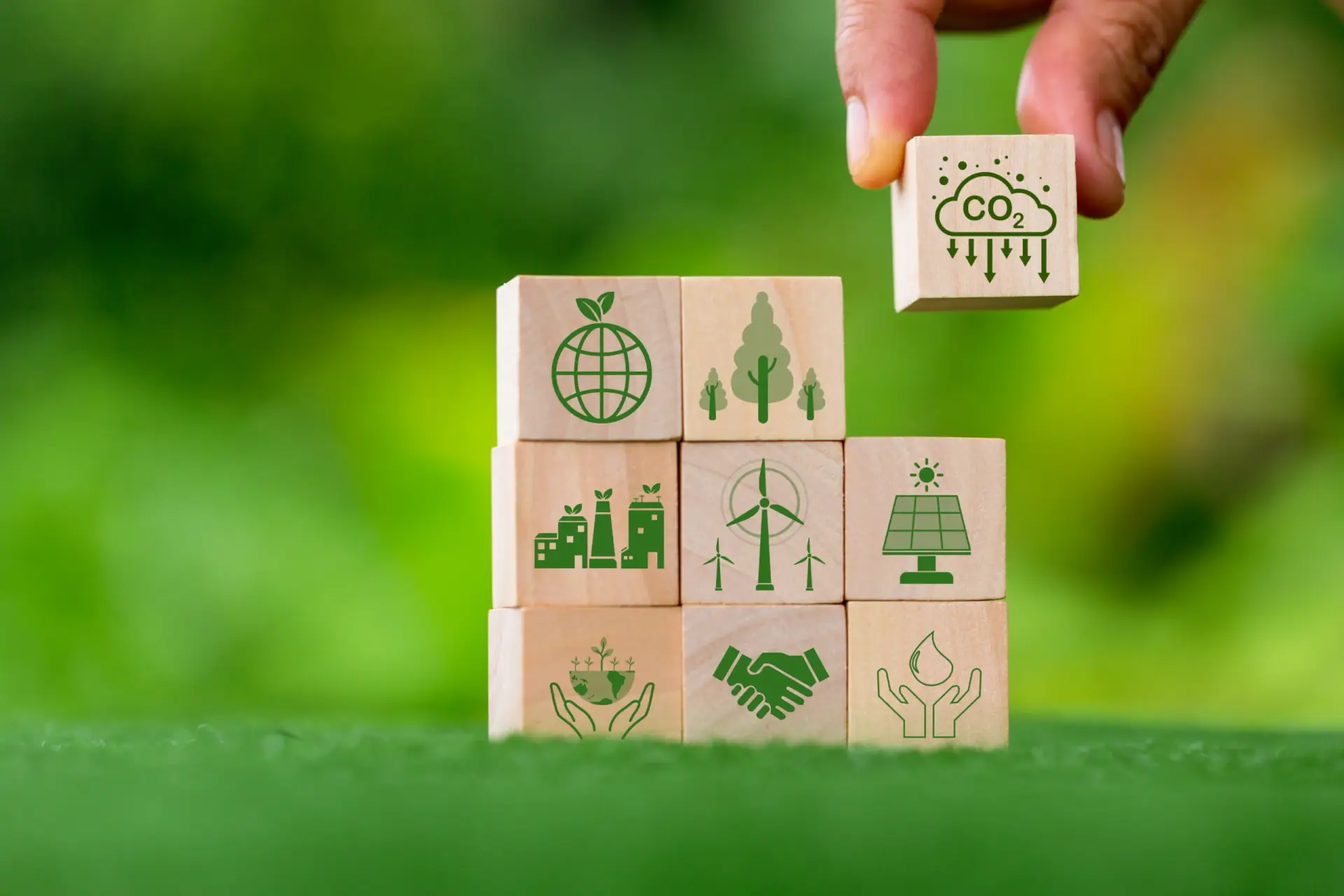 Wooden blocks marked with environmental icons being arranged into a grid